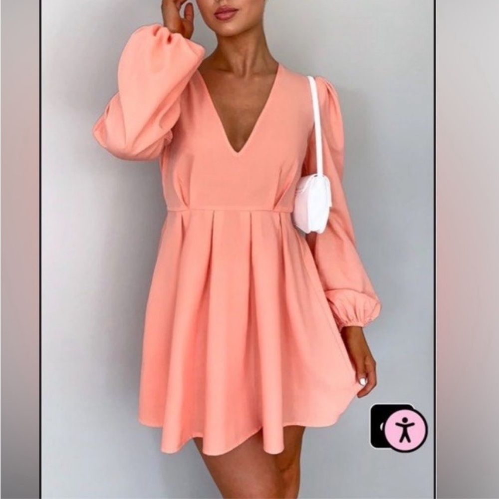 Pretty Little Thing Peach Long Sleeve Balloon Sleeve Dress Size 6